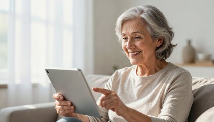 Happy senior woman using digital tablet for video call on sofa at home