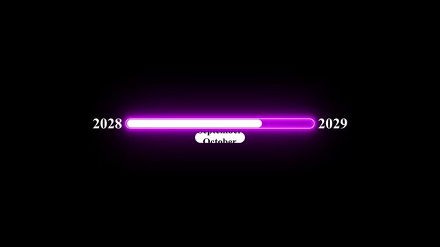 2028 to 2029 loading animation with January 2028 to January 2029 time line on black background, year progress transition, calendar time loading bar, new year change concept
