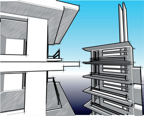 Converging skyscraper outlines in a grey cityscape