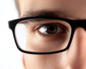 Close-up of a man wearing glasses on a white background, a man wearing glasses looks up