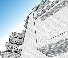 Converging skyscraper outlines in a grey cityscape