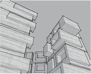 Converging skyscraper outlines in a grey cityscape