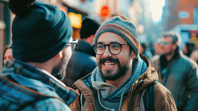Two men in winter clothing having a conversation and smiling at each other on a busy city sidewalk during day time.