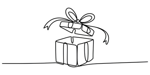 Continuous line drawing of an open gift box with bow