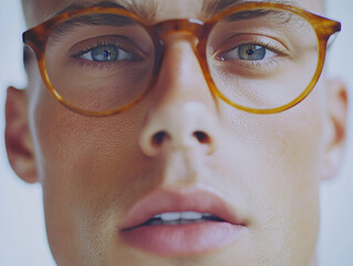 Close-up of a man wearing glasses on a white background, a man wearing glasses looks up