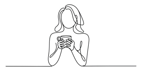Continuous line drawing of woman holding a mug