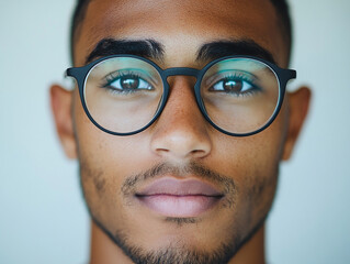 Close-up of a man wearing glasses on a white background, a man wearing glasses looks up