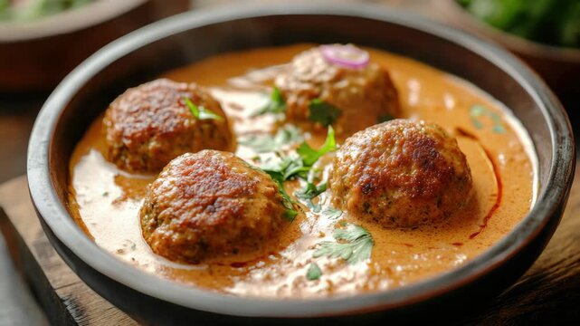 Delicious meatballs simmering in creamy sauce with fresh herbs and spices.