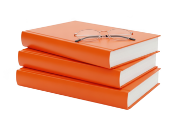 3d icon of stack of orange books with glasses isolated on transparent background, symbolizing knowledge, education, and reading, perfect for library or study themes