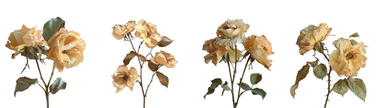 Four clusters of dried light yellow roses with green leaves, isolated on transparent background