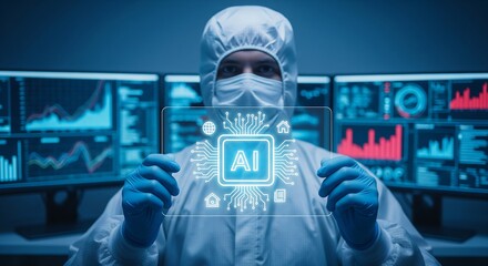 Ai research professional displays digital chip in data center