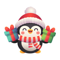 Cute Happy Penguin Character Holding Christmas Gifts - Vector Illustration for Winter Holidays and New Year