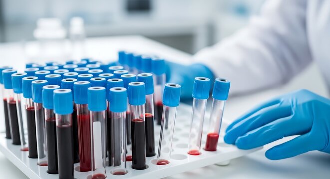 Scientist handling blood samples in test tubes for medical analysis. - Powered by Adobe