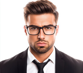Close-up of a man wearing glasses on a white background, a man wearing glasses looks up