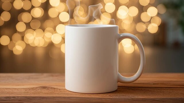 Video mockup of 11oz white mug with soft fairy bokeh lights