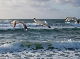 Seagulls flying over the sea on a windy day, capturing movement, freedom and natural energy, ideal for tourism advertising, wellness, eco-friendly brands and inspirational campaigns.