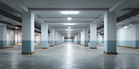 Naklejka premium Empty underground parking garage with white columns and bright lighting