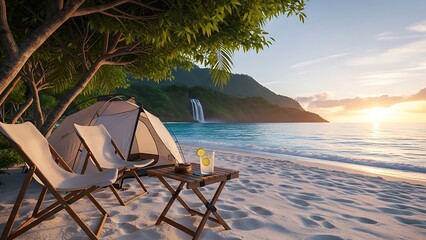 Camping scene on white beach, fresh drink on small foldable table, portable chairs, tent under leafy trees, crystal clear ocean waves, far waterfall on green mountain