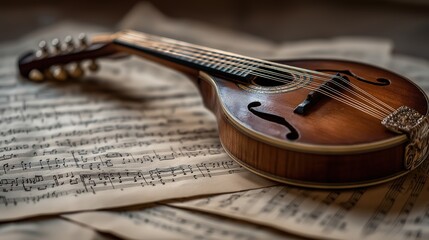 Naklejka premium Vintage Mandolin Resting on Sheet Music