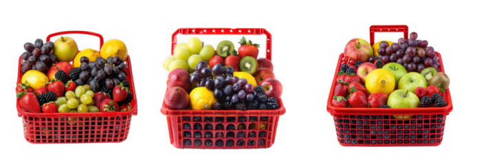 Three red baskets filled with assorted fresh fruits including grapes, apples, strawberries, and lemons, isolated on white isolated on transparent background