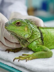 Green iguana is examined by a veterinarian wearing white gloves, lying calmly on a white towel in a clinical setting