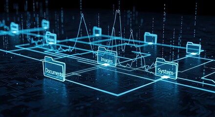 Digital network of glowing blue folders representing data management and information flow within a connected system architecture