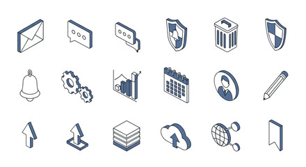 Fototapeta premium Isometric icons representing various business and technology concepts.