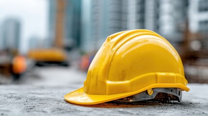 Yellow construction safety helmet on concrete at building site, workplace safety equipment, blue collar worker gear, industrial protection concept close up
