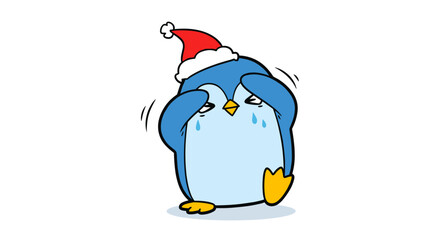 Obraz premium Sad penguin wearing a Santa hat feeling cold and miserable during winter.