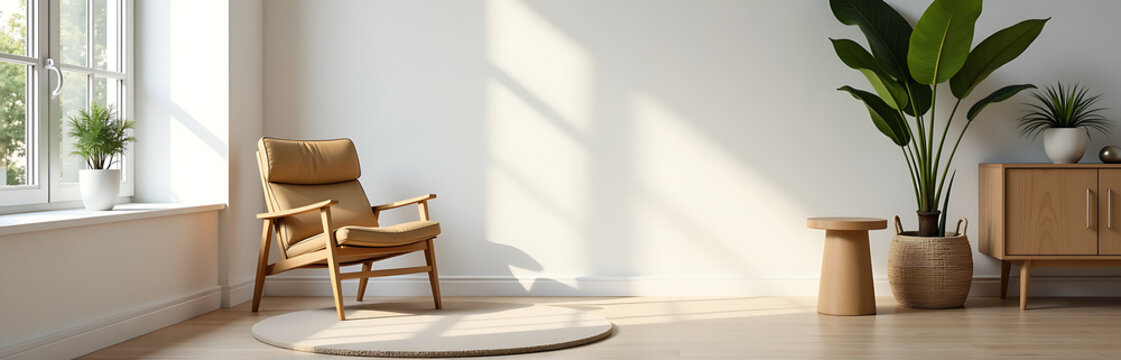 serene living room interior showcases stylish wooden chair nestled beside plush round rug adjacent minimalist stool soft