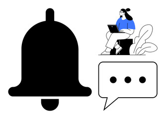 Notification concept. A black bell icon, speech bubble, and a woman working on a laptop communication updates, reminders, and messages. Ideal for apps, alerts, communication productivity and user