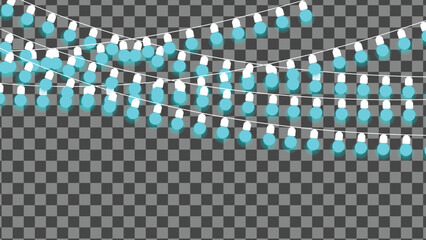Glowing blue string lights on a transparent background