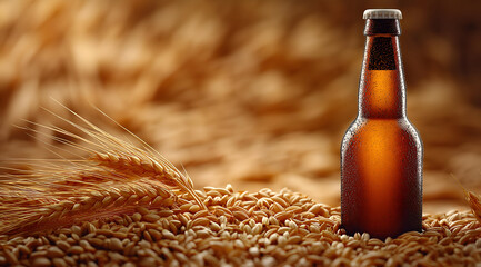 A close-up shot of a brown beer bottle surrounded by golden wheat grains, representing the essence of brewing and nature.