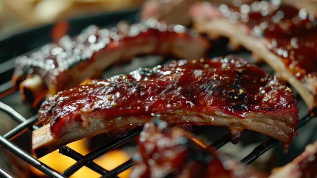 Close-up of a rib being cooked on a grill with basting sauce dripping from it.