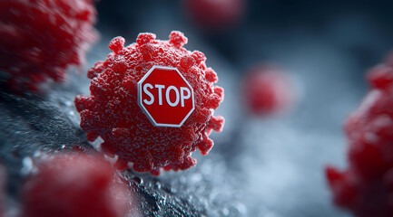 A close-up view of a virus model with a 'STOP' sign symbolizing the fight against infectious diseases and promoting health safety.