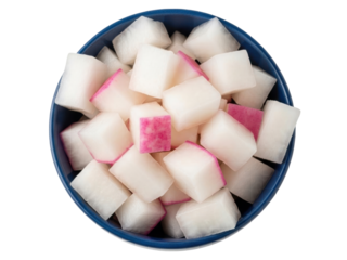 Isolated diced radish in a blue bowl for a refreshing side dish or salad ingredient