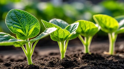 of soil level showing a cucumber seedling with its first true leaves emerging. Focus is on the rich, dark soil and the new, fragile growth. Sunlight creates a dramatic shadow on the ground. 