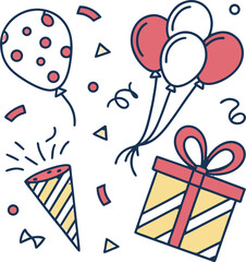 Happy birthday card illustration with gift boxes, balloons, and heart decoration vector design