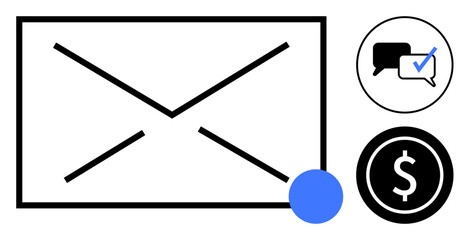 Envelope, chat bubble with checkmark, and dollar coin icons represent email marketing, secure messaging, payments, online business, branding, collaboration advertising. Minimalist flat metaphor