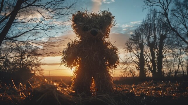 Straw Bear Day: Silhouette and detailed front view of majestic straw bear figure against vibrant winter sunset sky, golden hour backlighting making straw glow