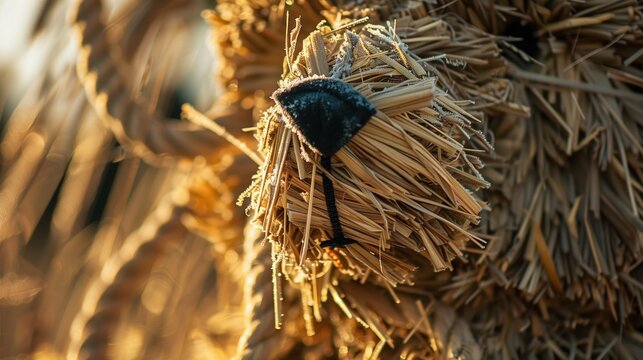 Straw Bear Day: Extreme close-up of an authentic straw bear costume made from bundled wheat stalks, intricate rope bindings visible, frost particles on the straw tips,traditional English folk festival