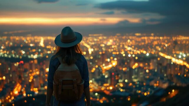 A woman wearing a hat and a backpack is standing on a hill overlooking a city. The city is lit up at night, and the woman is looking out over the city
