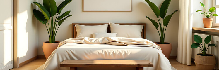 serene bedroom scene featuring plush bed adorned soft beige linens surrounded lush greenery terracotta pots complemented
