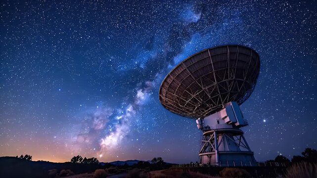 Large Radio Telescope Under Starry Night Sky with Milky Way in Background at Dusk