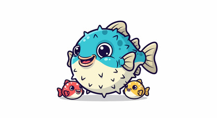 Adorable pufferfish family swimming together in a vibrant underwater scene.