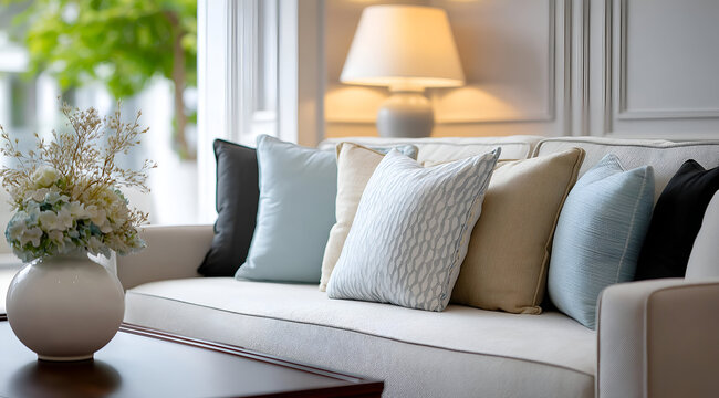 A cozy living room setting featuring a soft sofa adorned with decorative pillows and a serene ambiance, perfect for relaxation.