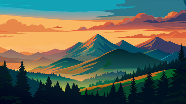 Very beautiful evening view of the Green Mountains in Vermont, with warm sunset tones illuminating peaks, valleys, and serene countryside layers.