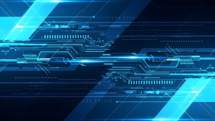 A dark blue futuristic background featuring abstract digital lines, circuit board patterns, and geometric shapes with bright glowing blue light trails. This design represents high-tech concepts, data,