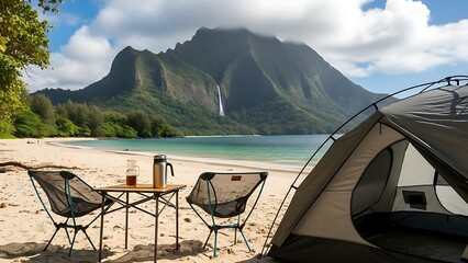 clear waves, distant mountain with waterfall surrounded by trees, bright beautiful sky