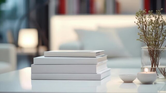 A collection of four books stacked neatly on top of each other on a white table. Surrounded by various small decor items such as candles and dried flowers in a jar.